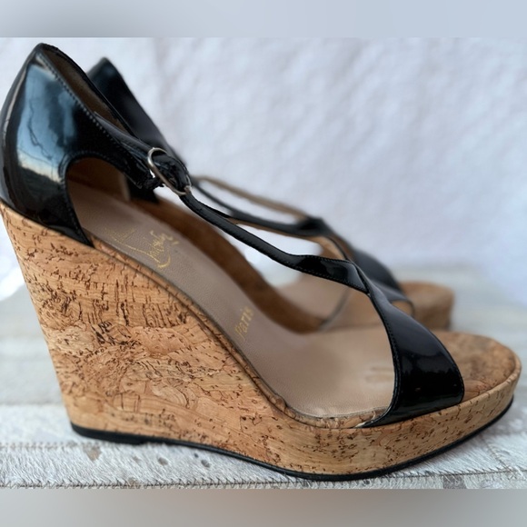 Christian Louboutin Black Patent Cork Wedge Sandals Size 38 - Picture 7 of 8